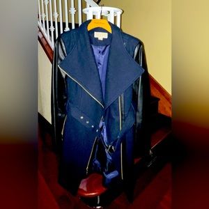 Navy Blue Michael Kors Wool and Black Vegan Leather Trench Coat size 6